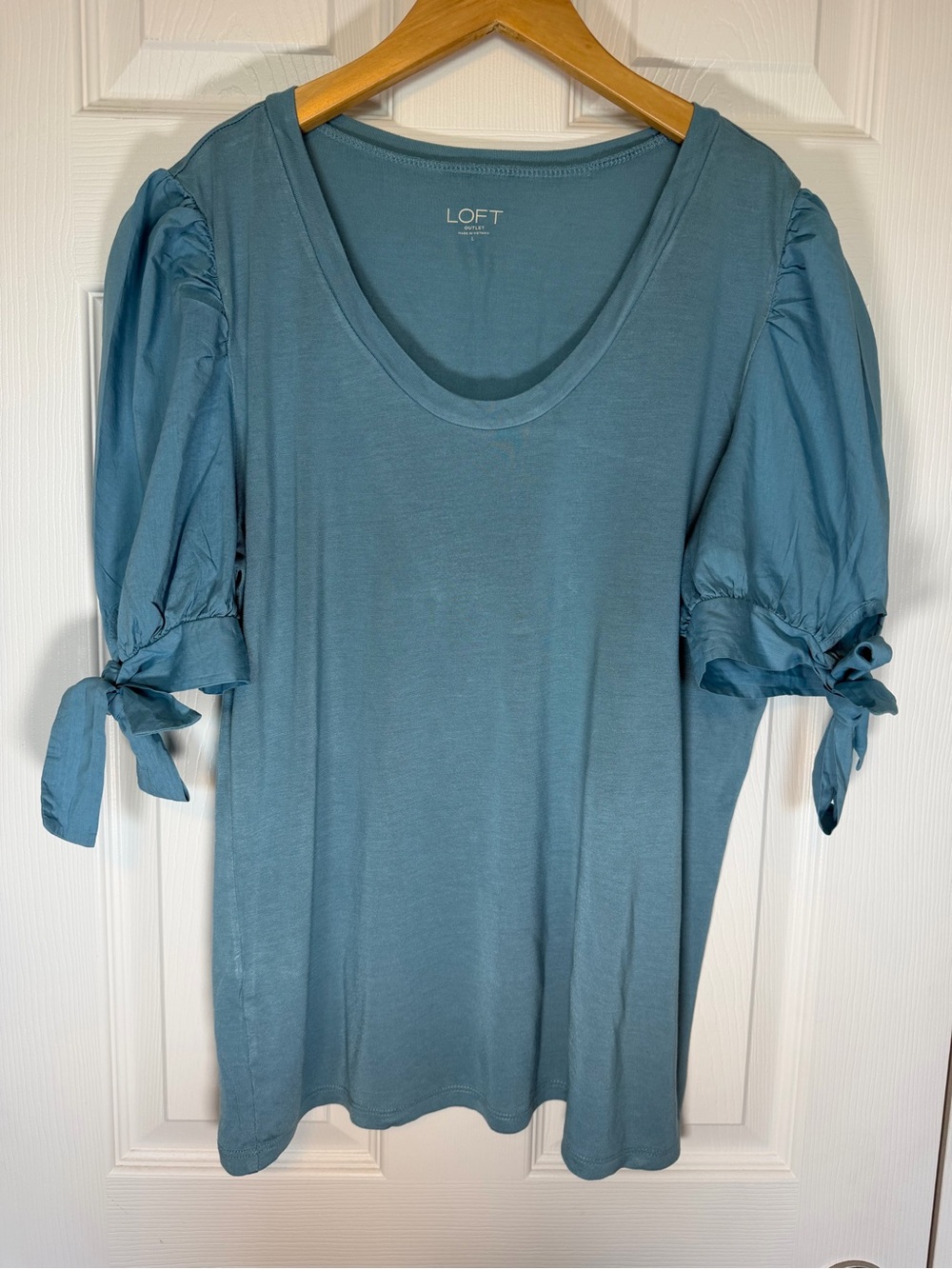 LOFT Teal Puff Sleeve Bow Tie Cuff Top Large